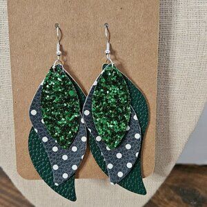 FAUX Leather Earrings, between 2.5" and 3.5" NWT, Green-Polka Dot
